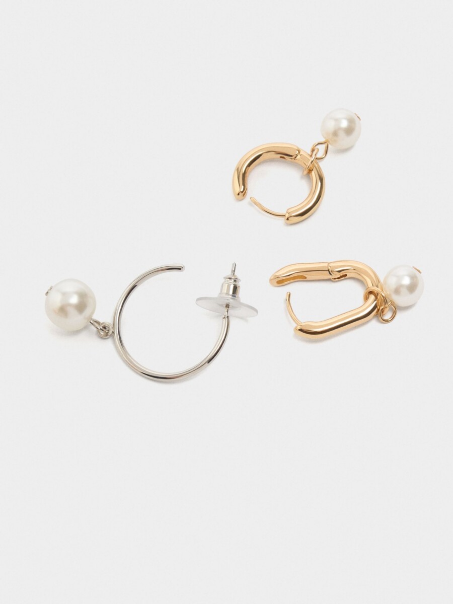 Set De Aros Bicolor Con Perlas dorado
