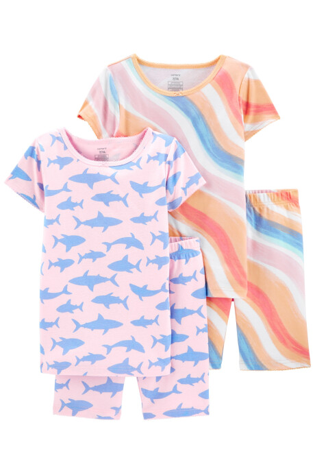 Pijama cuatro piezas de algodón, dos remeras, dos shorts, diseño tiburones Sin color