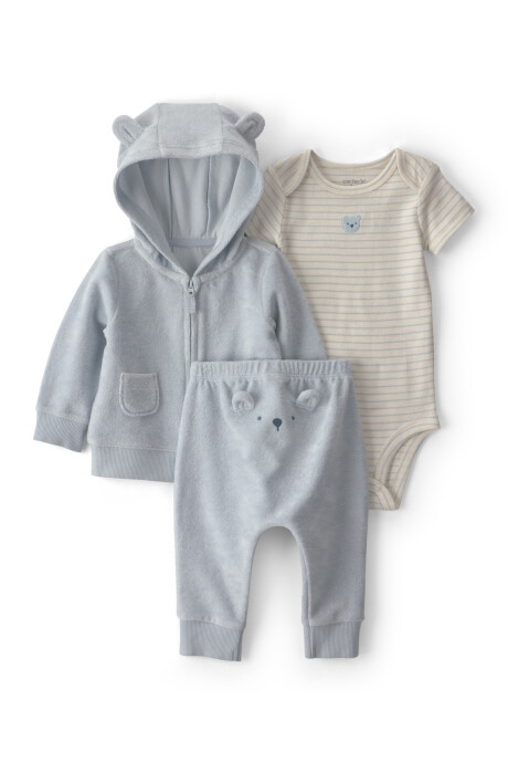 Set tres piezas de algodón, campera y pantalón de terry, más body, diseño oso Set tres piezas de algodón, campera y pantalón de terry, más body, diseño oso