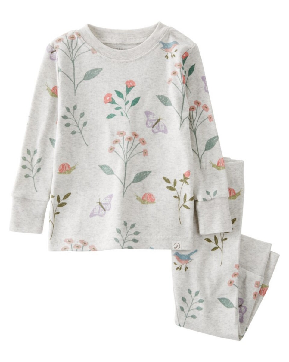 Pijama dos piezas de algodón orgánico, remera y pantalón, diseño jardín 
