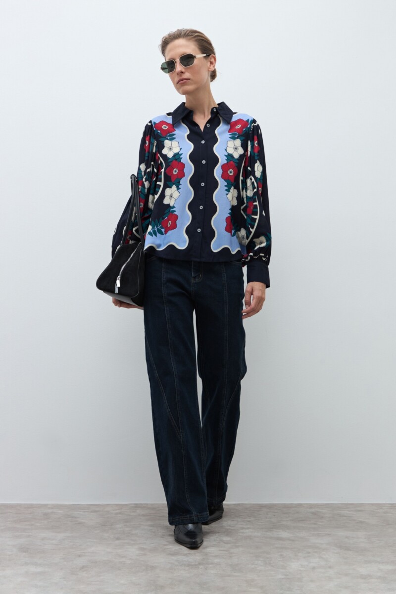 Camisa estampa floral nativa azul marino