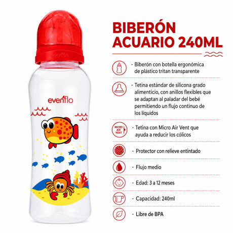 Mamadera Evenflo Acuario Bebé 3-12M 240Ml Tetina Flujo Medio Rojo