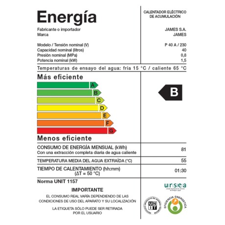 Calefón Termotanque James 40L Acero Clase B 001