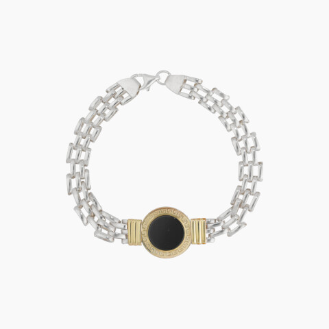 Pulsera en plata y oro con diseño de guarda griega y ónix Pulsera En Plata Y Oro Con Diseño De Guarda Griega Y ónix