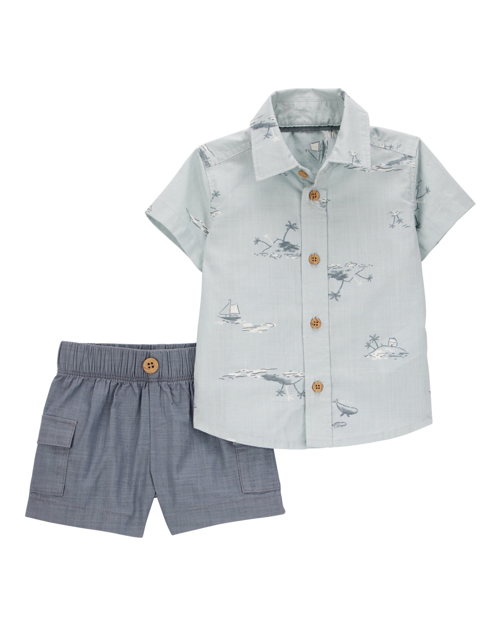 Set dos piezas de algodón, short y camisa, diseño tropical Sin color