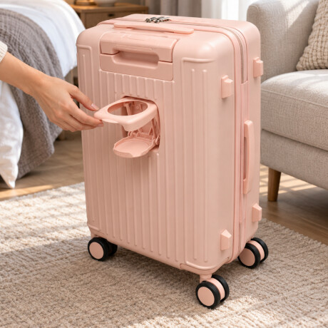 Valija carry on con bolsillo delantero y porta botella Rosado