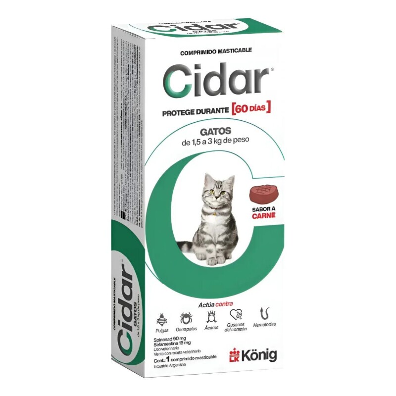 CIDAR GATOS PASTILLA ANTIPULGAS Y ANTIGARRAPATAS KONIG 1,5 A 3 KG