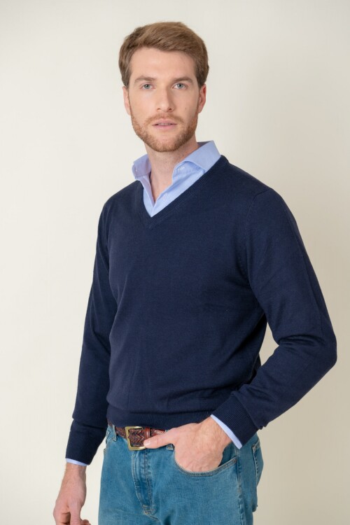Sweater escote V lana. Azul Marino