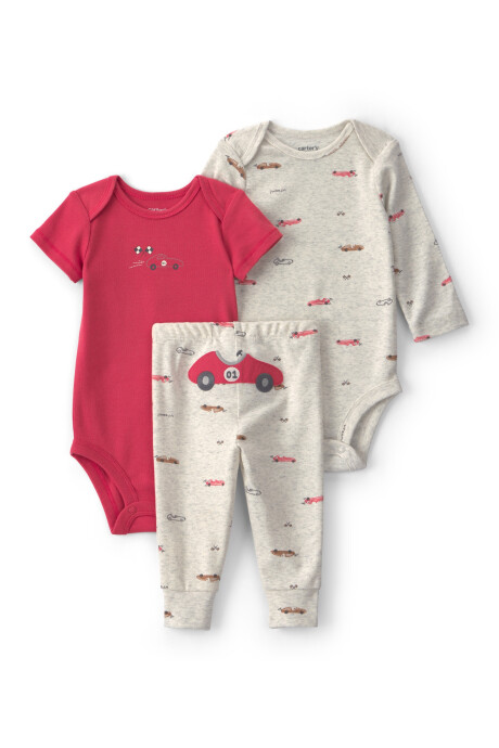 Set tres piezas de algodón, pantalón y bodies, gris y rojo, diseño autos de carrera Sin color