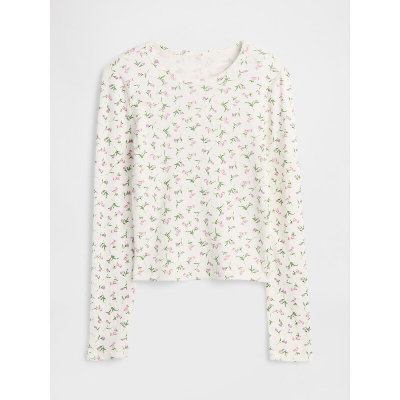 V-LS RIB TEE WHITE FLORAL PRINT