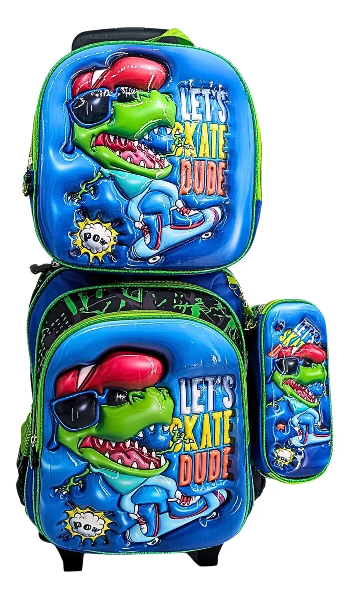 Mochila con carrito, lonchera y cartuchera. - Dino Rex 