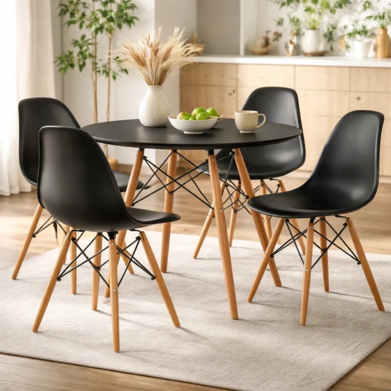 Juego de comedor Con Mesa Circular de 80cm + 4 Sillas Eames Negro/Negro