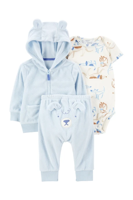 Set tres piezas, campera y pantalón de algodón terry más body de algodón, diseño perro Set tres piezas, campera y pantalón de algodón terry más body de algodón, diseño perro