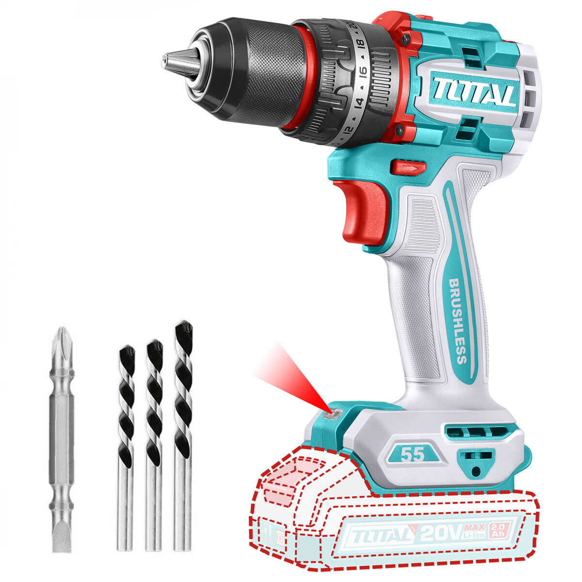 Taladro Percutor Y Atornillador Inalámbrico 55Nm A Batería 20v - Sin Carbones 