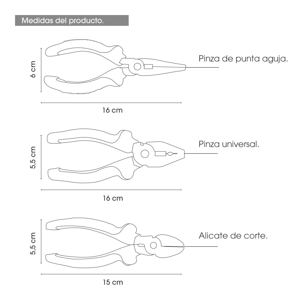 Set 3 Pinzas Alicate Larga Mango Pvc Acero Resistente Set 3 Pinzas Alicate Larga Mango Pvc Acero Resistente