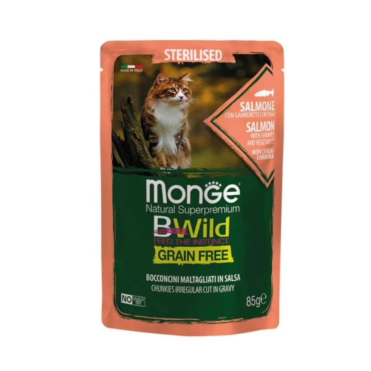 MONGE BWILD GATO POUCH STERILIZED SALMON, SHRIMP & VEGETABLES 85 gr - Monge Bwild Gato Pouch Sterilized Salmon, Shrimp & Vegetables 85 Gr 