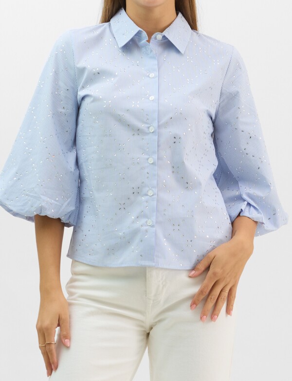 Camisa De Algodón A Rayas Con Detalles Metálicos CELESTE