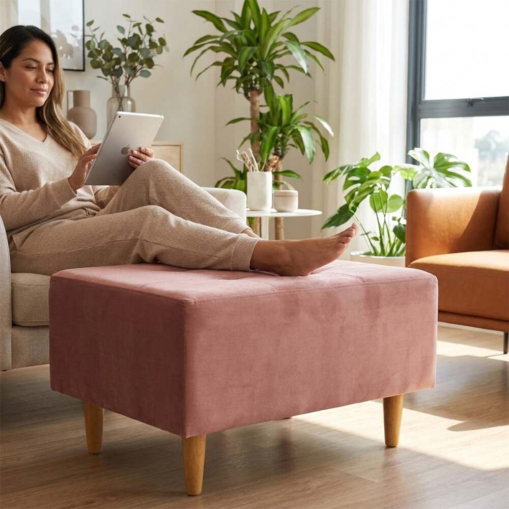 Puff tela y patas de madera Rosa