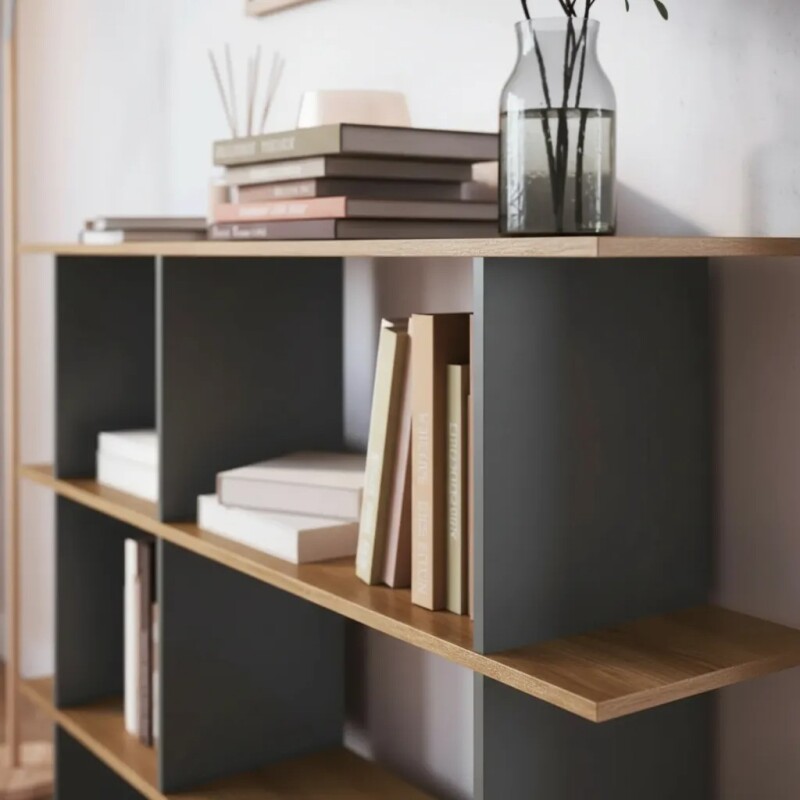 Biblioteca / Estantería con 6 Nichos - Color miel y grafito Biblioteca / Estantería con 6 Nichos - Color miel y grafito