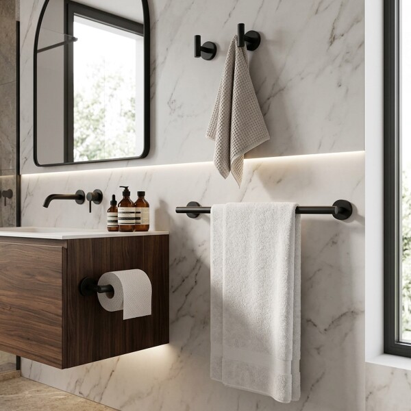 Set Accesorios De Baño Juego De 4 Piezas De Acero Inoxidable Percha Organizador Imback Color Negro Set Accesorios De Baño Juego De 4 Piezas De Acero Inoxidable Percha Organizador Imback Color Negro