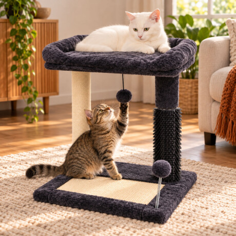 Rascador Para Gatos Con Cama Y 2 Pompones Gris Oscuro