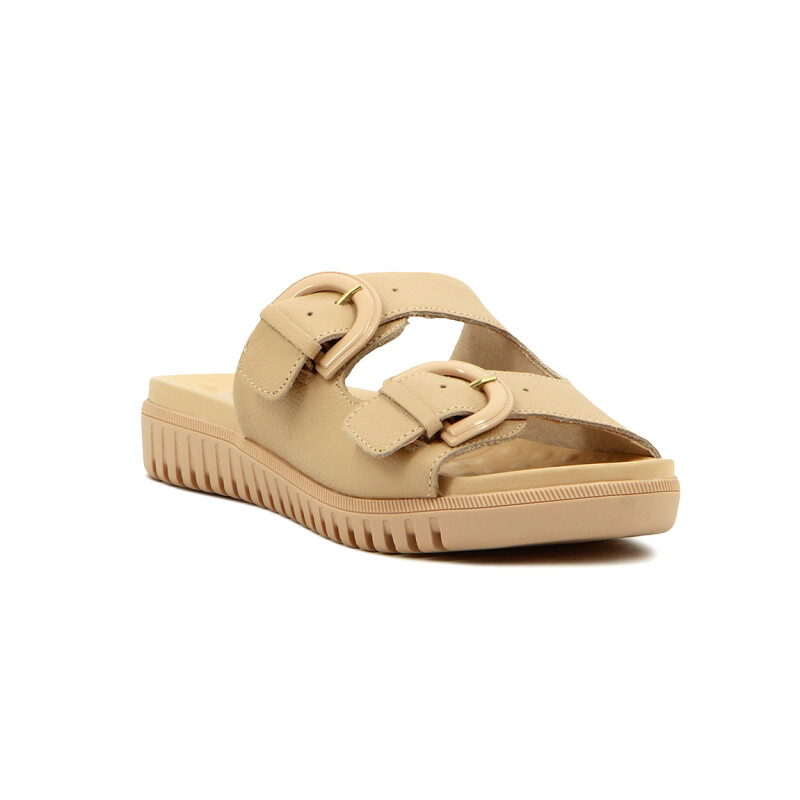Comfortflex Sandalia Cuero Dos Hebillas Suela Baja - Dama Almendra