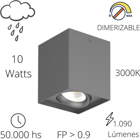 Aplique spot led DIMERIZABLE 10w CUBO de techo 3000K GRIS