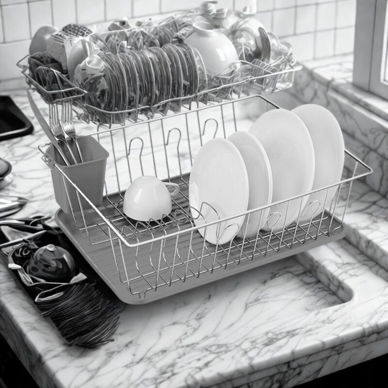 Escurridor para platos Selecta cromado con bandeja y cubiertero Gris