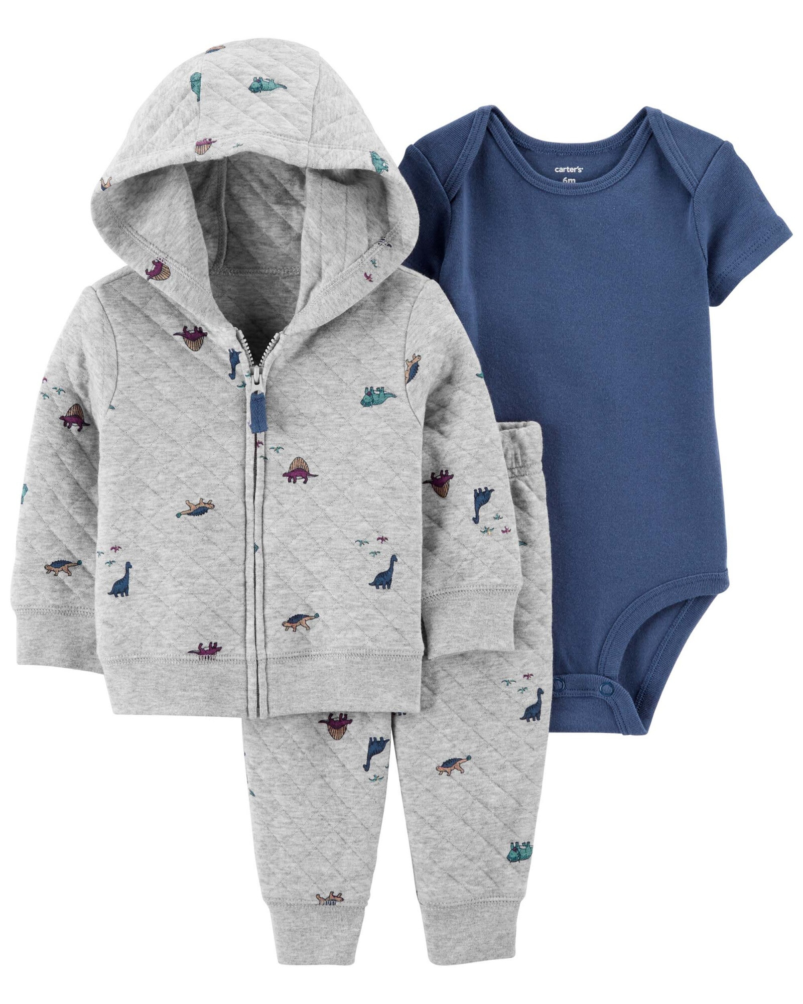 Set tres piezas de algodón, campera y pantalón capitoneados más body, diseño dinos Set tres piezas de algodón, campera y pantalón capitoneados más body, diseño dinos