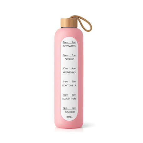 Botella de vidrio con funda de silicona y tapa de bambú con frases motivacionales Rosa