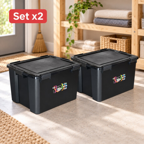 Set x2 Cajas organizadoras 80lts con 6 trabas NEGRO