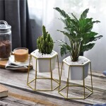 MACETA CERAMICA HEXA C/BASE D17x20CM BLANCO/DORADO MACETA CERAMICA HEXA C/BASE D17x20CM BLANCO/DORADO