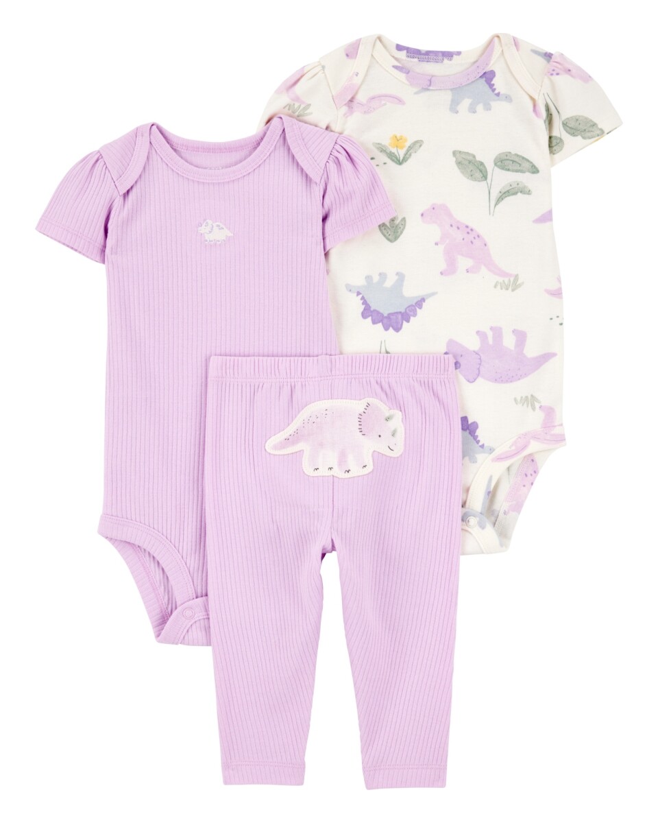 Set tres piezas de algodón, pantalón y dos bodies, diseño dinos 