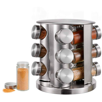 Especiero Giratorio Set 12 Frascos Acero Inoxidable Vidrio Especiero Giratorio Set 12 Frascos Acero Inoxidable Vidrio