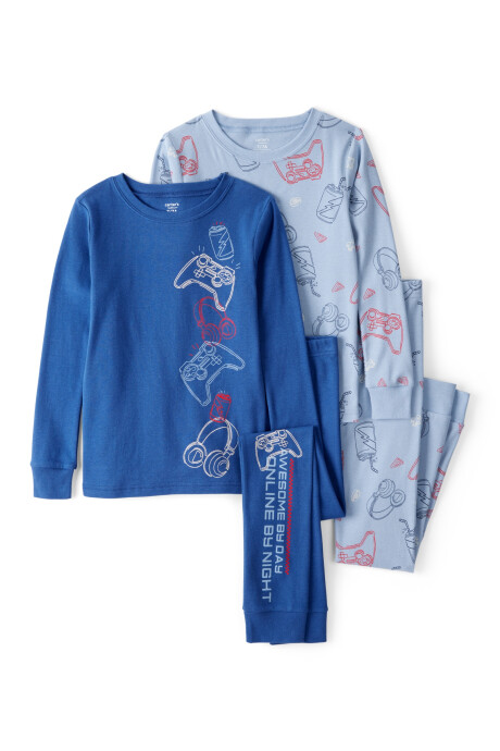 Pijama cuatro piezas de algodón, dos remeras manga larga y dos pantalones, diseño gamer Sin color