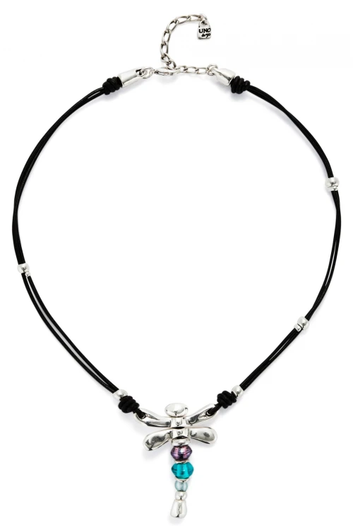 COLLAR DE CUERO Y LIBÉLULA BAÑADO EN PLATA DE LEY CON CRISTALES PLATA / BLANCO