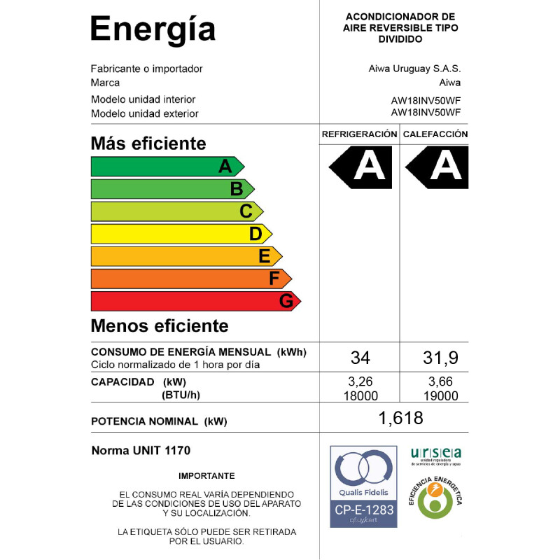 Aire Acondicionado AIWA 18000 BTU con WiFi Inverter Split Frío/Calor Eficiencia A | AW18INV50WF Aire Acondicionado AIWA 18000 BTU con WiFi Inverter Split Frío/Calor Eficiencia A | AW18INV50WF