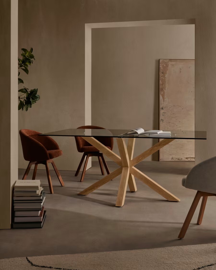 Mesa Argo 200 x 100 cm cristal patas de acero efecto madera Mesa Argo 200 x 100 cm cristal patas de acero efecto madera