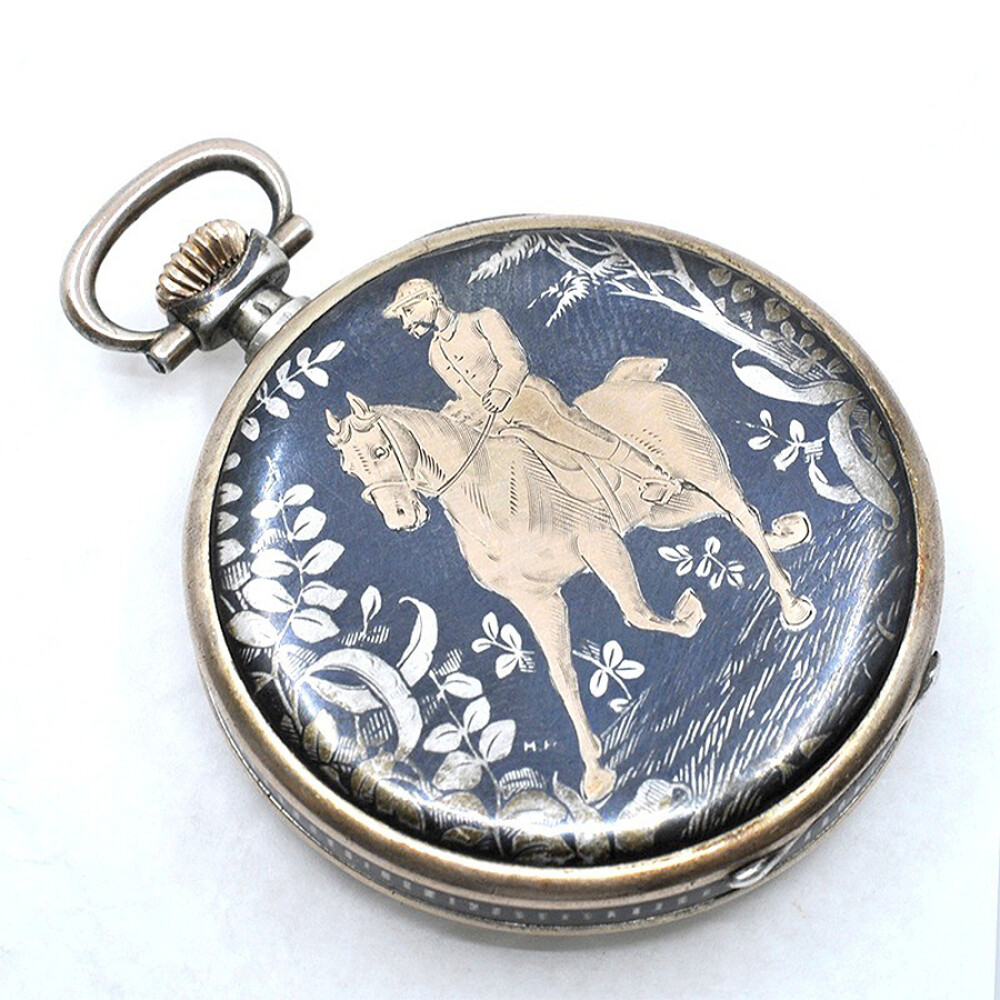 Reloj De Bolsillo En Plata Y Oro, 45,50 Mm, Escena De Caballo Y Jinete Reloj De Bolsillo En Plata Y Oro, 45,50 Mm, Escena De Caballo Y Jinete