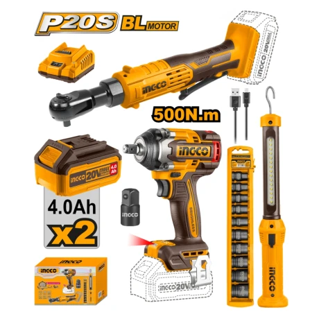 Combo Llave de Impacto 500NM 20V a Bateria + Llave Crique 20V + Linterna + Set Dados 001