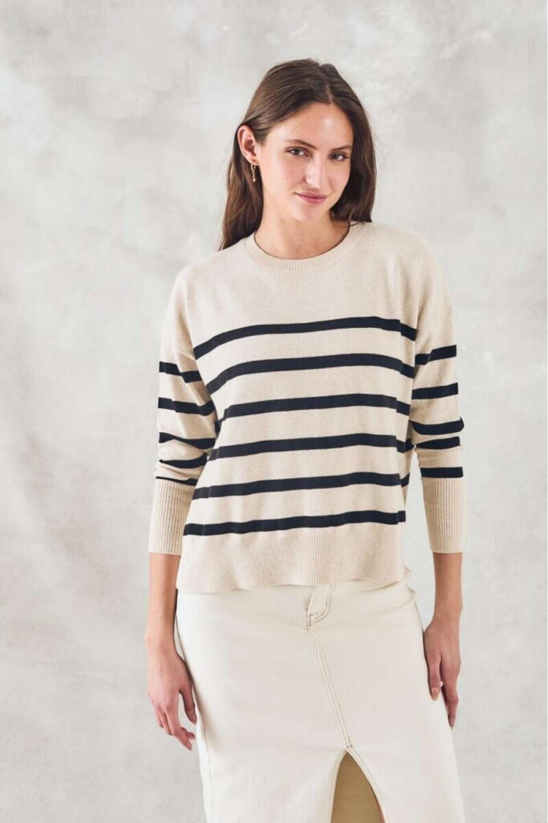 Sweater Rayado Algodon Elastano - Beige Melange 