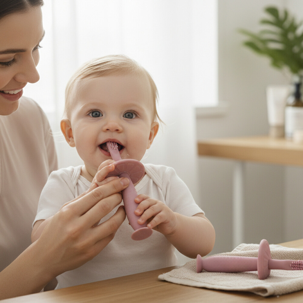 Cepillo dental silicona con tope seguridad lorelli rosado