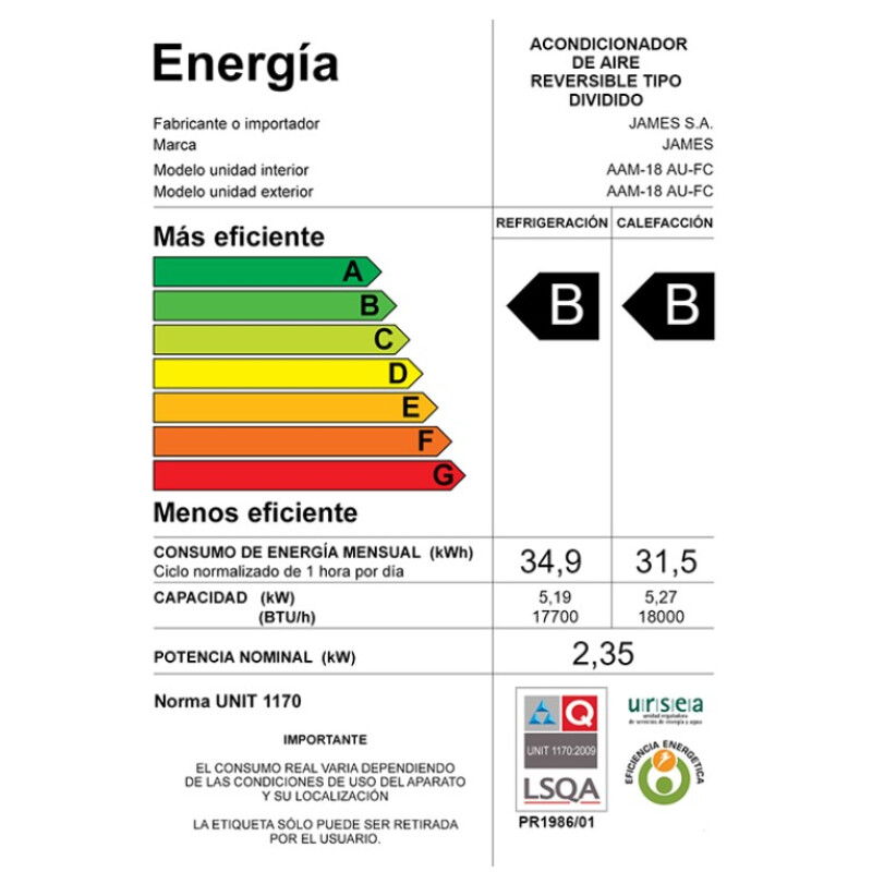 Aire Acondicionado JAMES 18000 Btu Split Aire Acondicionado JAMES 18000 Btu Split