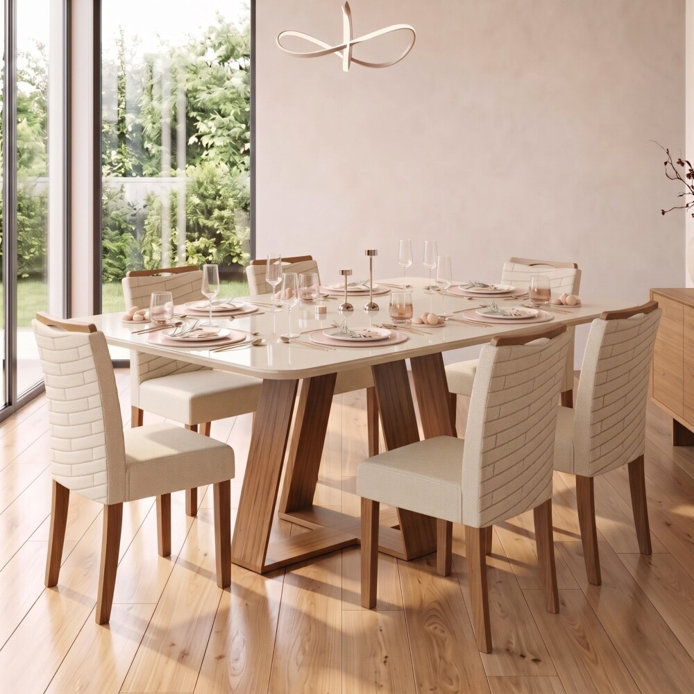 Juego De Comedor - 6 Sillas + Mesa Vidrio - Celeste Blanco / Blanco