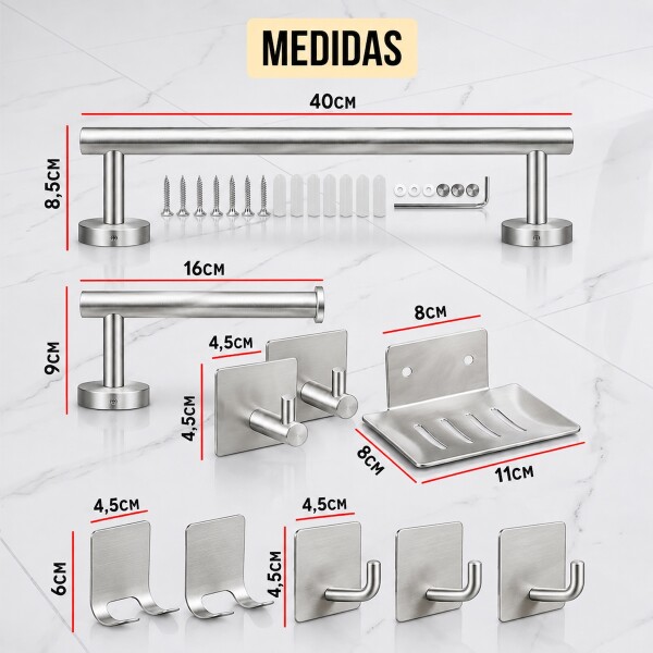 Set De Accesorios Para Baño Juego 10 Piezas Acero Inoxidable IMBACK Color Plateado Set De Accesorios Para Baño Juego 10 Piezas Acero Inoxidable IMBACK Color Plateado