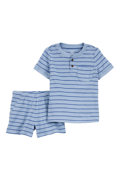 Set dos piezas de algodón, short y remera henley, diseño a rayas Sin color
