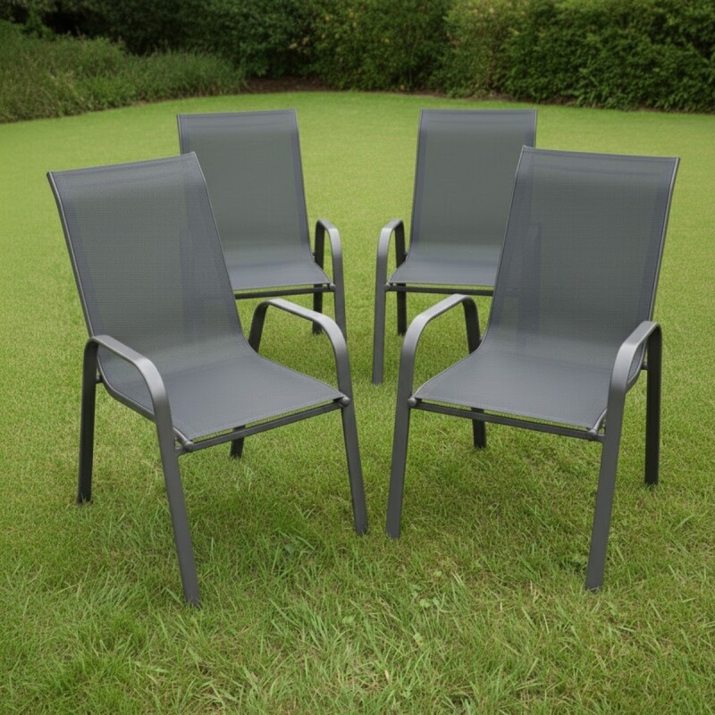 Set x4 Silla De Jardín De Metal Y Textilina Apilable con Apoyabrazos GRIS