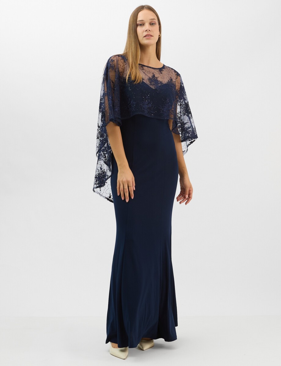Vestido Maxi Con Capa Bordada - Azul 