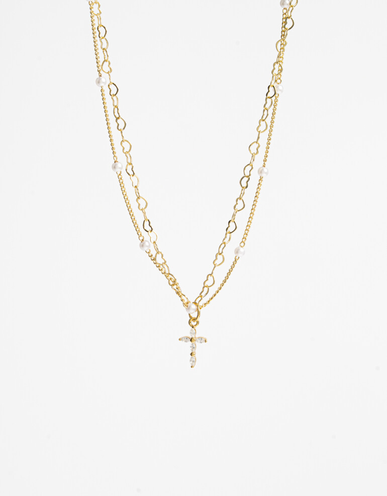 Collares Cortos Cubic zirconia Collar Corto Layer Con Cruz Y Beads Multicolor. - Dorado