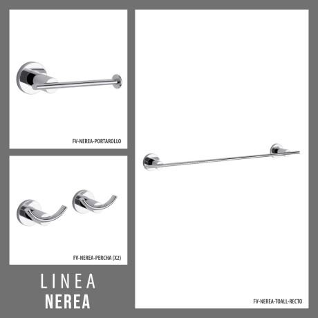 SET DE ACCESORIOS CROMADO INCLUYE 2 PERCHAS DOBLES, PORTAROLLO Y TOALLERO BARRAL RECTO. NEREA FV. 000